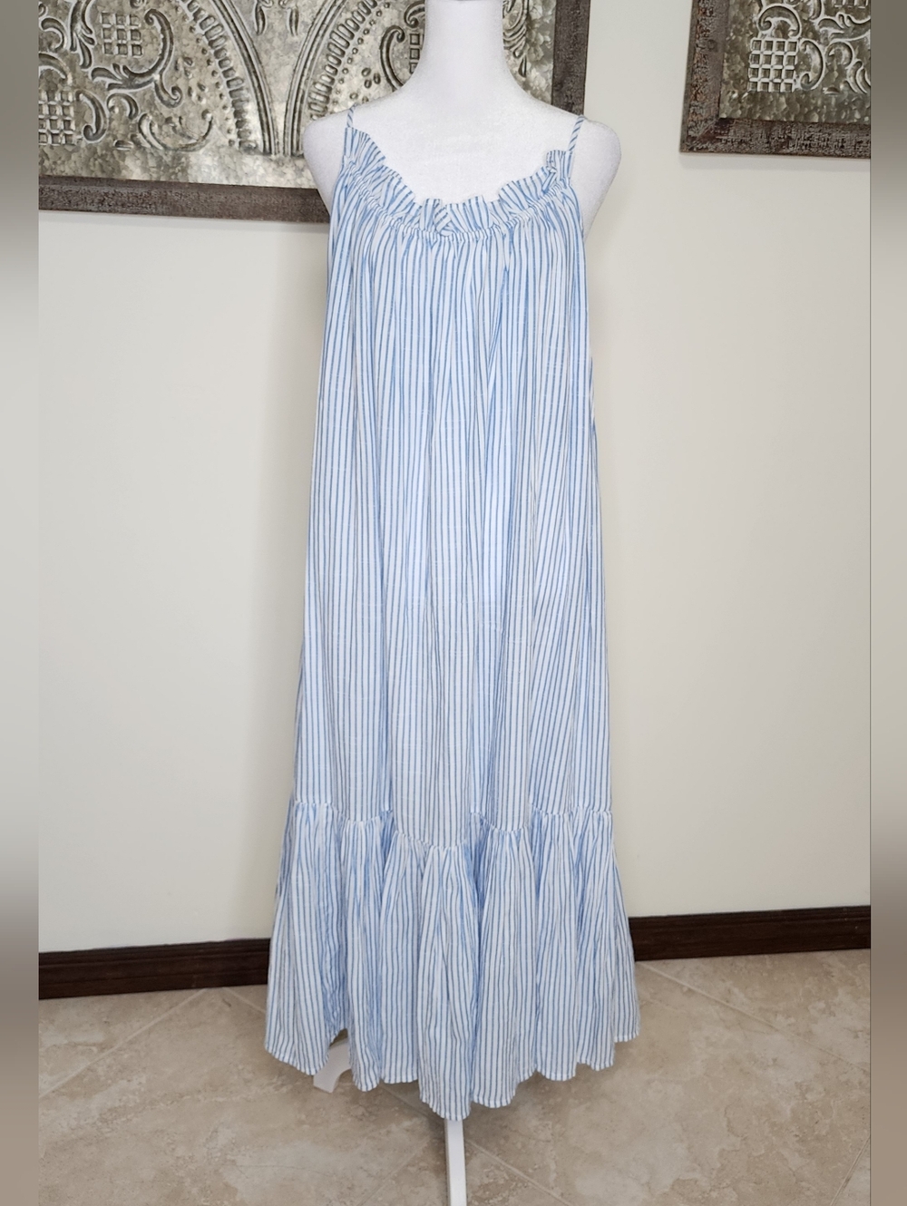 J.Crew Blue & White Pinstripe Tiered Low Scoop Back Midi Dress M/L Euro Summer